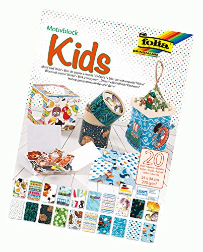 folia 48949 - Motivblock Kids, 270 g/qm, ca. 24 x 34 cm, 20 Blatt sortiert in 20 verschiedenen Motiven - zum Basteln und kreativen Gestalten von Karten, Fensterbildern und für Scrapbooking von folia