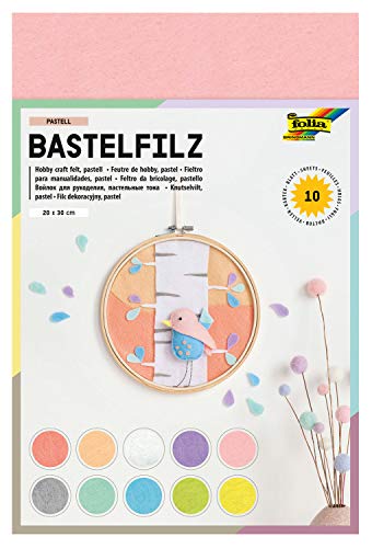 Folia 520495 - Bastelfilz Pastell, Feine Wollqualität, 10 Blatt, 150 G/qm, 20 X 30 Cm, Sortiert In 10 Pastellfarben, Klebefleckenfreie Verarbeitung, Ideal Für Vielfältige Bastelarbeiten von folia
