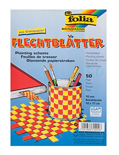 folia 70202 - Flechtblätter aus Glanzpapier, farbig sortiert, 12 x 17 cm, 10 mm Schnittbreite, 50 Paar von folia