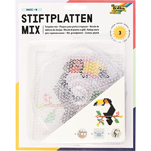 folia 73214 - Bügelperlen Stiftplatten Mix, BASIC MEDIUM, 3 Motive sortiert, 3 transparente Steckplatten für Bügelperlen mit einem Durchmesser von 5 mm, Kreis, Quadrat und Sechseck von folia