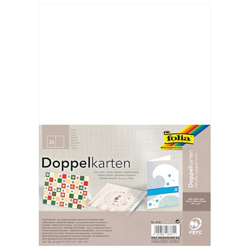 folia 8761 - Briefkarten weiß, DIN A5, doppelt hoch 25 Stück - Doppelkarten zum kreativen Gestalten von Einladungen, Glückwunschkarten von folia