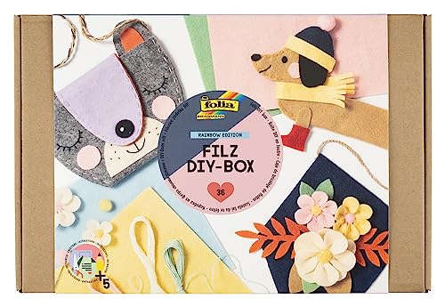 folia 9310 - Filz DIY-Box Rainbow Edition, Bastelset zum Filzen und Nähen, 36-teilig mit Filzwolle, Filzplatten, Garn, Zubehör und Anleitung von folia