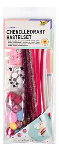 folia 93502 - Chenilledraht Bastelset "Unicorn" für Kinder und Erwachsene, wiederverschließbares Täschchen mit vielen Utensilien zum Gestalten kleiner Chenille-Figuren von folia