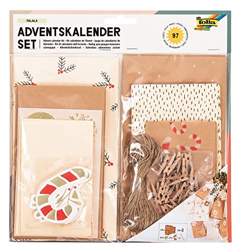 folia 9383 - Adventskalender-Set "Falala", 97-teiliges DIY Bastel-Set zur Gestaltung eines individuellen Adventskalenders mit eleganten Geschenk-Tüten von folia