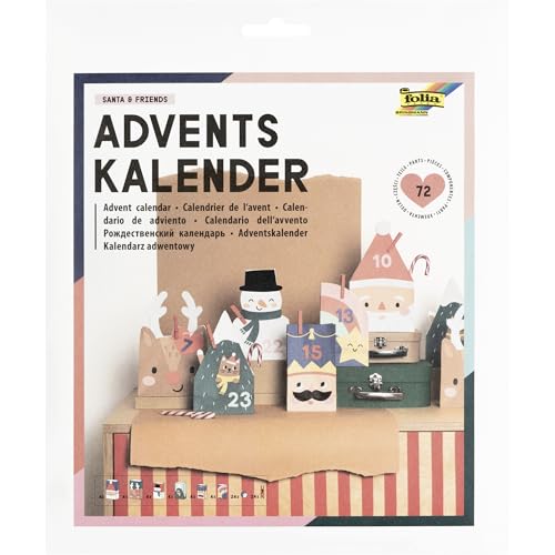 folia 9389 - Adventskalender SANTA & FRIENDS, 72-teiliges DIY Bastelset aus 24 Papiertüten mit Weihnachtsmotiven in 3 Größen, 24 Holzklammern in Rot & 24 Stickern von folia