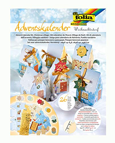 folia 9391 - Adventskalender Weihnachtsdorf, vorgestanzte Schachteln in Form von 24 Häuschen zum Zusammenstecken, mit Glitterapplikationen, ideal für kleine Geschenke im Advent von folia