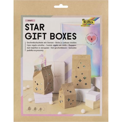 folia 972 - Star Gift Boxes Kraft, 6 Geschenkboxen mit sternförmigen Ausschnitten in 3 Größen, inkl. 5 m Metallic Garn in Rosé Gold und Anleitung folia 972 - Star Gift Boxes Kraft, 6 Geschenkboxen mit sternförmigen Ausschnitten in 3 Größen, inkl. 5 m Metallic Garn in Rosé Gold und Anleitung von folia
