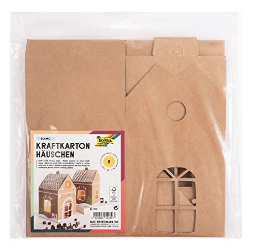 folia 973 - Kraftkarton-Häuschen, DIY Bastel-Set für 6 Häuser (je ca. 11 x 11 x 19 cm groß) aus unbedrucktem, braunen Kraftkarton, welche individuell verziert werden können von folia