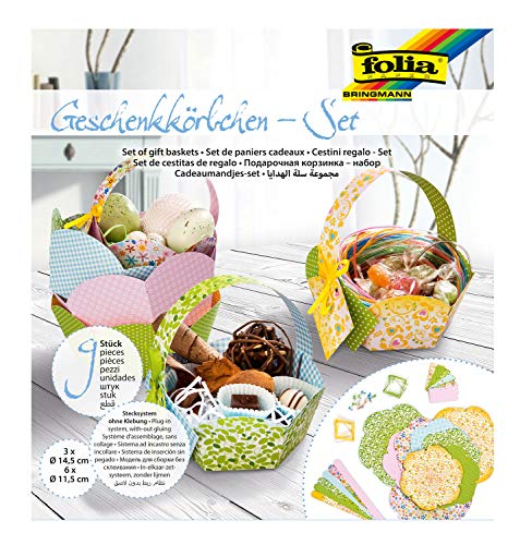 folia 975 - Geschenkkörbchen - Set, Bastelset für 9 Körbchen mit einfachem Stecksystem ohne Kleber, für liebevoll verpackte Kleinigkeiten und zur Dekoration von folia