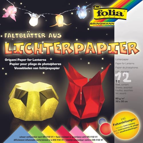 folia 42309 - Faltblätter aus Lichterpapier, farbig sortiert, ca. 30 x 30 cm, 12 Blatt, schwer entflammbares Papier, inklusive Faltanleitungen von folia