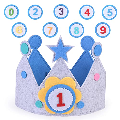 Geburtstagskrone Kinder, Grauer und Blauer Happy Birthday-Hut mit verstellbarem Klettverschluss, Geburtstagskrone für Mädchen und Jungen, Wiederverwendbare Stoffkrone mit Austauschbaren Zahlen 0-9 von fonice