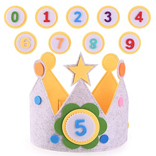 fonice Geburtstagskrone Kinder, Happy Birthday-Hut mit verstellbarem Klettverschluss, Geburtstagskrone für Mädchen und Jungen, Wiederverwendbare Stoffkrone mit Austauschbaren Zahlen 0-9 von fonice