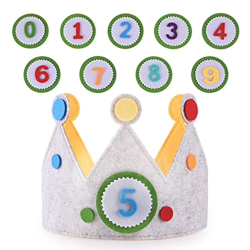 Geburtstagskrone für Kinder, Grüner und Grauer Happy Birthday-Hut mit verstellbarem Klettverschluss, Geburtstagskrone für Mdchen und Jungen, wiederverwendbare Stoffkrone mit austauschbaren Zahlen 0-9 von fonice
