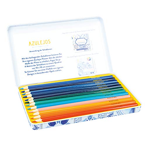 Azulejos Designdose mit 12 Premium-Buntstiften und 2 Schablonen: 12 Premium-Buntstifte in der Azulejos-Farbwelt mit 2 Muster-Schablonen. Metalldose ca.19,5 x 12 x 1,5 cm von TOPP
