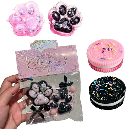 2 Stück Keks Stress Relief Spielzeug und 4 Squishy Mini Katze Pfote Spielzeug, Taba Squishy Set, Pfoten Squishy, Fufu Squishy, Antistressball Quetschspielzeug für Anti Stress und Angst Relief von fufupaw