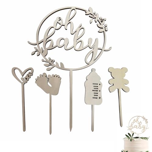 5 Stück Oh Baby Cake Topper, Babys Shower Deko, Baby Tortendeko, Kindertaufe schmücken Tortenaufsatz aus, Gender Reveal Partydeko, Cake Topper Holz, Kuchen Topper Babyparty Tortendeko von fufupaw