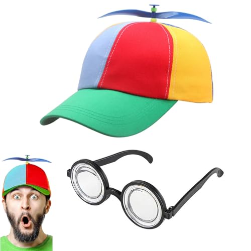Propeller Mütze, Propeller Kappe, 58cm Propeller Mütze Mit Brille, Propeller Hut, Lustige Propeller Mützes für Erwachsene und Kinder, Verstellbare Mütze Mit Brille für Karneval, Party, Cosplay von fufupaw