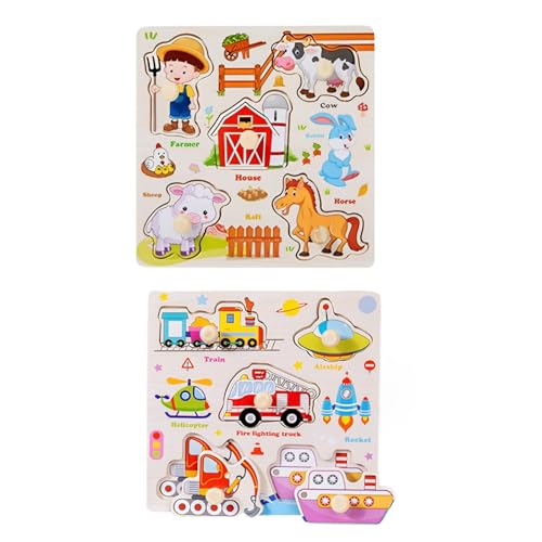 2 Stück Puzzle Ab 1 Jahr, Holzpuzzle 1 Jahr, Greifpuzzle Motorikspielzeug, lernendes pädagogisches Holzpuzzle-Spielzeug, Puzzles Landfahrzeug Pony ab 1 Jahr Geschenk für Baby Junge Mädchen 1 2 Jahr von fufupaw