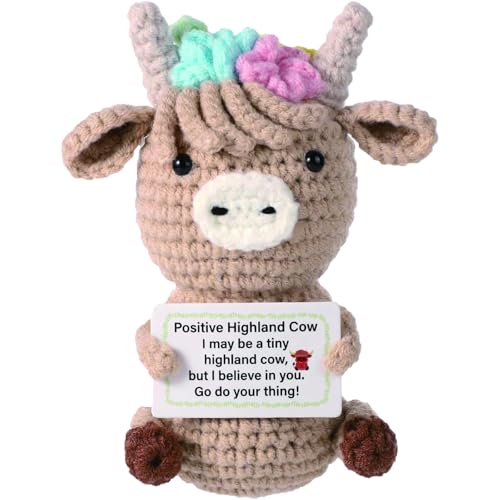 fufupaw Gehäkelte Kuscheltiere, Hochlandrind Kuscheltier, Highland Cow, Emotional Support, Strickpuppe Mit Positiver Karte Erhebendes Strickspielzeug Geschenk für Freunde Familie Party-Dekoration von fufupaw