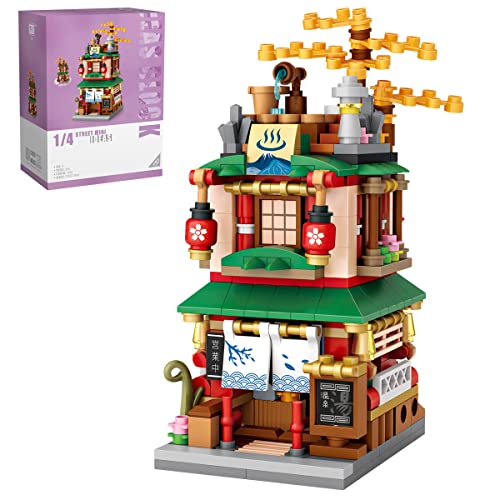 Japanische Straßenansicht Haus der heißen Quelle Mini-Baustein-Set, modulares Haus, 399-teiliges Modellbau-Set aus, Konstruktionsspielzeug-Sets für Kinder und Erwachsene, Nicht kompatibel mit Lego von fun4kid