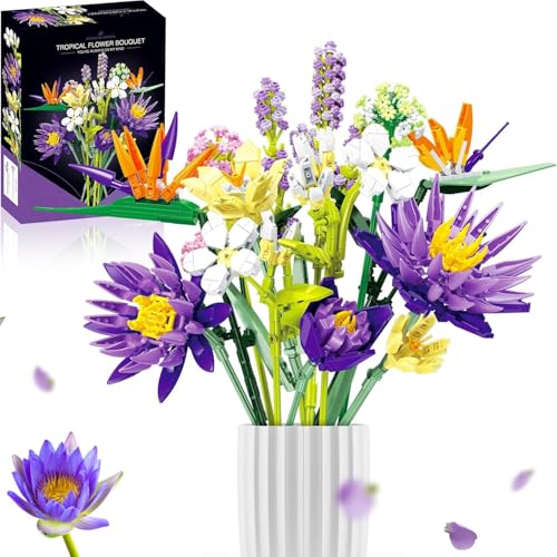 fun4kid Blumenstrauß-Bauset, 891-teilig, Paradiesvogel-Blumenstrauß-Bausatz, künstliche Blumen, Büro- und Heimdekoration, kreative Bausteine ​​für Kinder und Erwachsene (Blauer Lotus) von fun4kid
