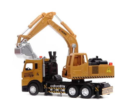 funnykid Bagger Spielzeug für Jungen ab 4 Jahren – Druckguss Baustellenfahrzeug mit 270° drehbarem Aufbau, Teleskop-Schaufel, Licht & Sound, Türöffnung, Rückziehmotor, Geschenkbox – Metall-Modell von funnykid