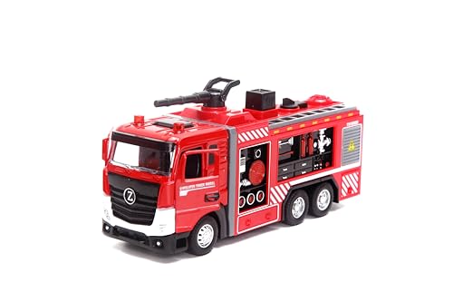 funnykid Feuerwehr Spielzeug für Jungen ab 4 – Druckguss Feuerwehrfahrzeug mit Licht, Sound & Wasserkanone 360° drehbar, Friktionsantrieb, Tür-Öffnung, Geschenkbox – Metall Feuerwehr Auto von funnykid