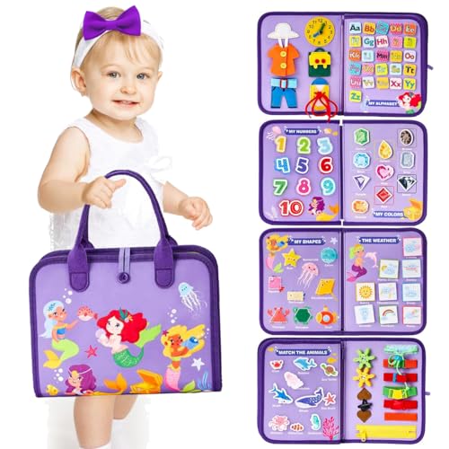 Montessori Busy Board, Baby Spielzeug ab 3 Jahre, 10 in 1 Montessori Spielzeug Kleinkinder Activity Board Geschenke für Junge Mädchen Sensorik Lernspielzeug Motorikbrett für Reise Flugzeug (lila) von fuzhik