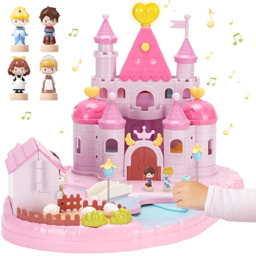 fygurso Puppenhaus Princess Castle mit 4 Magnetisch Gesteuerten Beweglichen Kleinen Figuren, Magnetic Tiles Traumvilla-Spielzeug mit Licht Musik Zum Rollenspiel, Geschenk ab 6–12 Jahre Mädchen (Rosa von fygurso