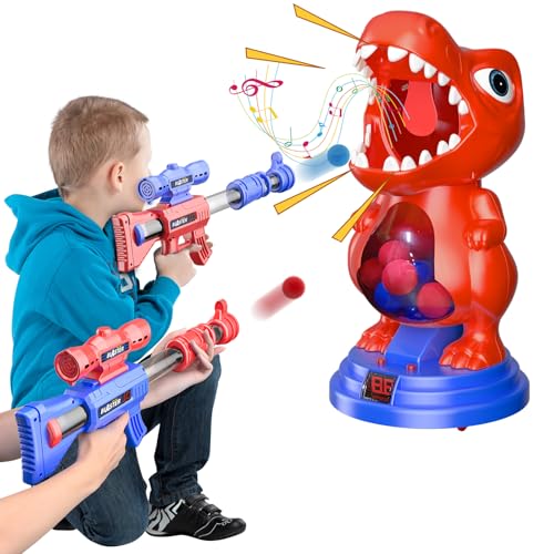 fygurso Bewegliches Dinosaurier Schießspielzeug mit 2 Luftpumpenpistolen, Zielschießspiele mit LED Punktzahl, Licht und Ton, 24 Schaumball Kinder ab 3 4 5 6 7 8 9+ Jahre Spiele Geschenk für Junge Rot von fygurso