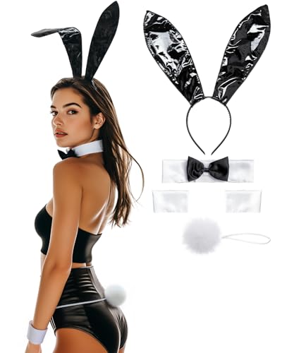 gagift world Hasenkostüm-Zubehör, 41,5 cm, großes schwarzes Hasenohren-Haarband, Manschetten, Fliege und Schwanz für Damen und Mädchen, Hasen-Cosplay-Zubehör für Halloween, Geburtstag, Ostern, Party gagift world Hasenkostüm-Zubehör, 41,5 cm, großes schwarzes Hasenohren-Haarband, Manschetten, Fliege und Schwanz für Damen und Mädchen, Hasen-Cosplay-Zubehör für Halloween, Geburtstag, Ostern, Party von gagift world