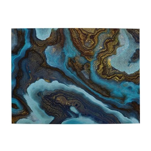 Abstrakter flüssiger Marmor, blau-golden, 500-teiliges Puzzle für Erwachsene – Holzpuzzle für Erwachsene und ältere Menschen von gawuoab