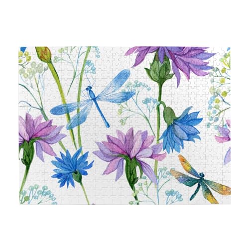 Aquarell Blaue Blume Libelle, 500 Teile Puzzle für Erwachsene – Holzpuzzle für Erwachsene und ältere Menschen von gawuoab