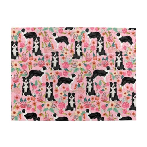 Border Collie Vintage Florals Pink, 500-teiliges Puzzle für Erwachsene – Holzpuzzle für Erwachsene und ältere Menschen von gawuoab
