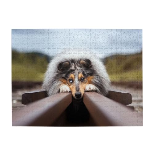 Langhaarcollie, Bokeh, Eisenbahnhunde, Haustiere, rau, 500 Teile Puzzle für Erwachsene – Holzpuzzle für Erwachsene und ältere Menschen von gawuoab
