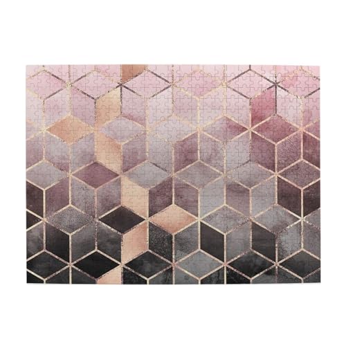 Nordischer Stil, geometrisches Muster, rosa Rose, Gold, 500-teiliges Puzzle für Erwachsene – Holzpuzzle für Erwachsene und ältere Menschen von gawuoab