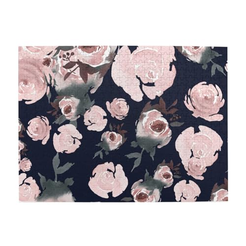 Rosa Aquarellrosen, dunkelmarineblaue Blumen, 500-teiliges Puzzle für Erwachsene – Holzpuzzle für Erwachsene und ältere Menschen von gawuoab