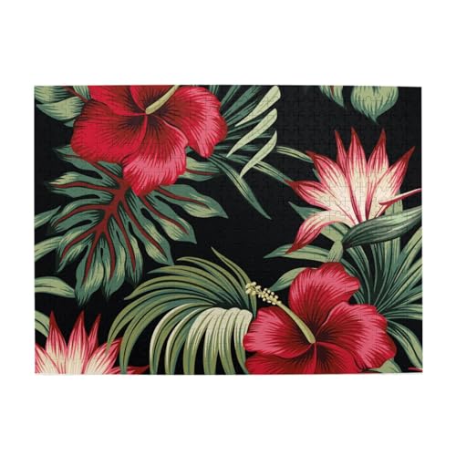 Tropisches Vintage-Puzzle mit rotem Hibiskus und Strelitzie, 500 Teile, Puzzle für Erwachsene – Holzpuzzle für Erwachsene und ältere Menschen von gawuoab