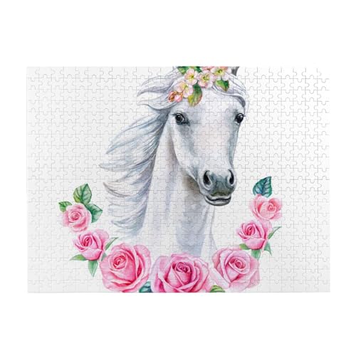 Weißes Pferd mit rosa Blumen, 500-teiliges Puzzle für Erwachsene – Holzpuzzle für Erwachsene und ältere Menschen von gawuoab
