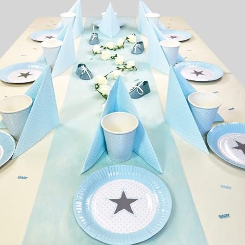 Geburtstagsfee Babyparty und Baby Shower Tischdeko Set für Jungen für 8 Gäste mit Becher, Teller, Servietten, Trinkhalmen, Tischläufer und mehr…… von Geburtstagsfee