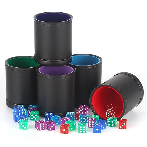 Packung mit 5 Würfelbechern aus schwarzem PU-Leder mit Buntem Samtfutter und 30 passenden bunten transparenten Würfeln Packung mit 5 Würfelbechern aus schwarzem PU-Leder mit Buntem Samtfutter und 30 passenden bunten transparenten Würfeln von generic