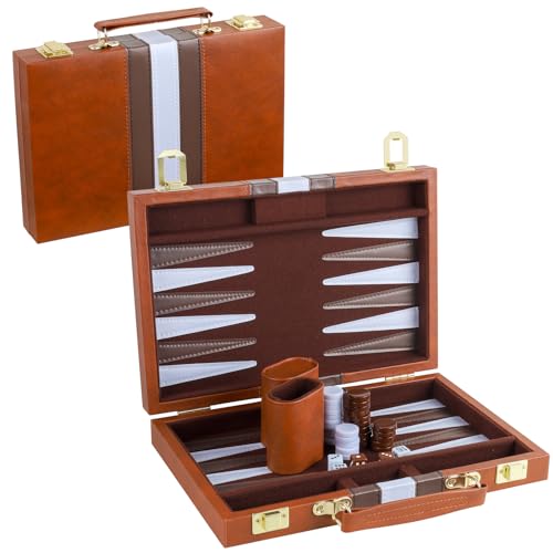 Backgammon-Set für 2 Spieler. Klassisches Backgammon-Set für Erwachsene. Brettspiel mit Kunstlederkoffer. Tragbares und reisefreundliches Backgammon-Set (braun, 11 Zoll) von generic