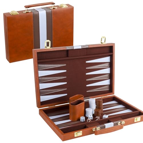 Backgammon Set 2 Spieler Klassisches Backgammon-Set für Erwachsene Brettspiel mit hochwertiger Ledertasche Tragbares und Reise-Backgammon-Set (Braun, 15 Zoll) von generic