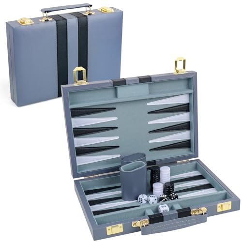 Backgammon-Set für 2 Spieler. Klassisches Backgammon-Set für Erwachsene. Brettspiel mit Kunstlederkoffer. Tragbares und reisefreundliches Backgammon-Set (Grau, 11 Zoll) von generic
