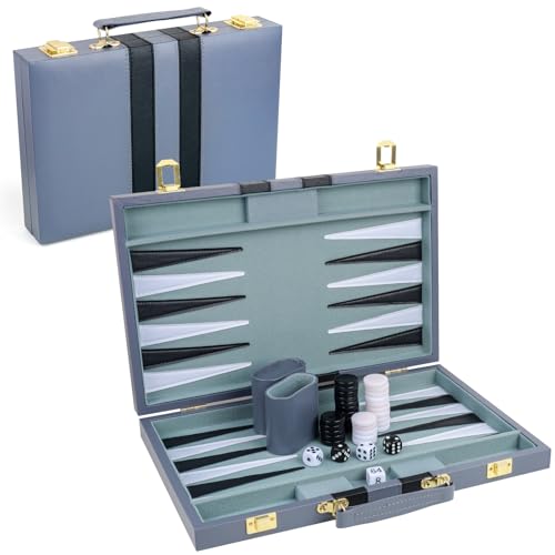 Klassisches Backgammon-Set für 2 Spieler - Brettspiel für Erwachsene Mit Kunstlederkoffer - Tragbar und Reisefreundlich (Grau, 15 Zoll) von generic