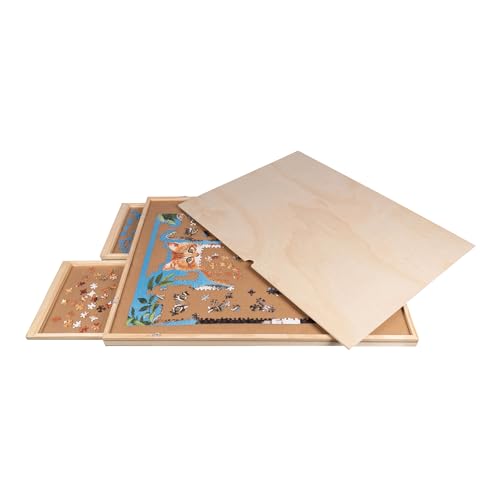 genialo Puzzle-Tisch drehbar inkl. Abdeckung, Tisch mit 4 ausziehbaren Schubladen, Puzzle-Unterlage, für 500, 1000 oder 1500 Teile, MDF, Kiefernholz, braun von genialo