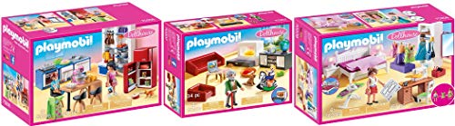 geobra Brandstätter PLAYMOBIL® Dollhouse 3er Set 70206 70207 70208 Familienküche + Gemütliches Wohnzimmer + Schlafzimmer mit Nähecke von geobra Brandstätter