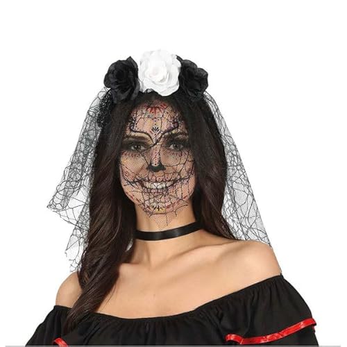 gioco Haarreif mit schwarzen und weißen Blumen und Schleier, Horrorparty von gioco