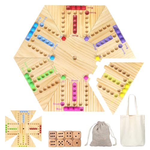 glowsky Original Marmorspiel, 45,7 cm abnehmbares Holzbrettspiel für 2-6 Spieler, tragbares Schnell-Track-Brettspiel mit 32 Murmeln und 8 Würfeln für Familie, Freunde, Partyspielabend von glowsky