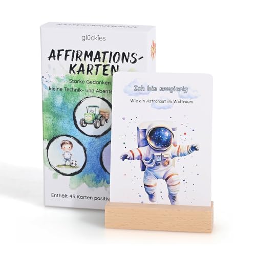 Affirmationskarten für Kinder, Mutmachkarten mit interessensbezogenen Illustrationen. Förderung von Selbstbewusstsein, emotionaler Intelligenz und Selbstwertgefühl (Technik- und Abenteuerfreunde) von glückies
